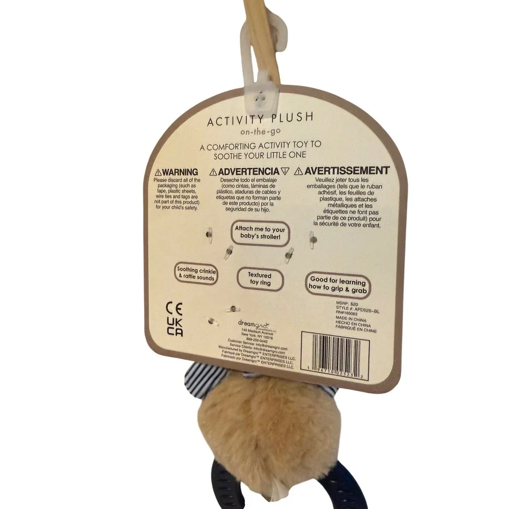 New Activity Plush Baby Bear On-The-Go Infant Sensory Rattle Crinkle Toy Blue